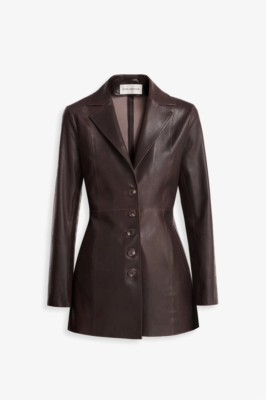 Nour Hammour Monica Brown Lambskin Leather Blazer Jacket FR 38